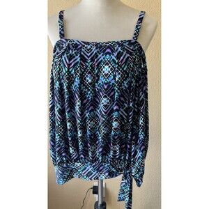 Parrot Bay Blouson Tankini Swim Top BLK Turquoise Purple Sz18